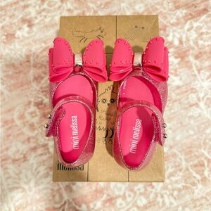 Mini Melissa Hot Pink Glitter Bow Mary Jane Shoes